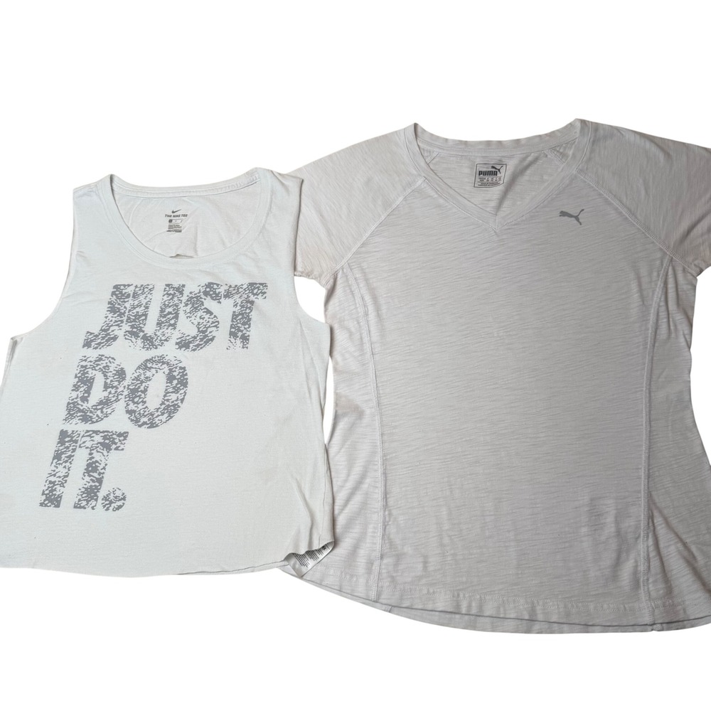 Nike Upcycled Tee + Puma Activewear T-Shirt Bundle - White Grey Athleisure S/M